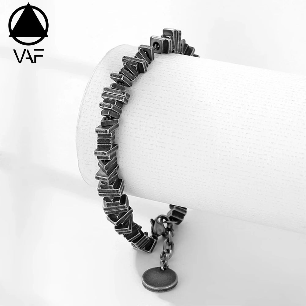 VAF 20+5cm Vintage Stacked Geometric Block Bracelet Antique Silver Customizable Engraved Small Etiqueta De Bloques Apilados