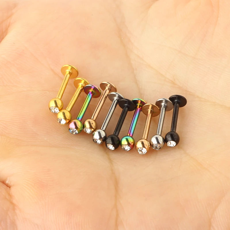 Crystal Tragus Bars Earrings Ring Stud Piercing Surgical Steel Labret Piercing Cartilage Body Jewelry 5 Color Mix