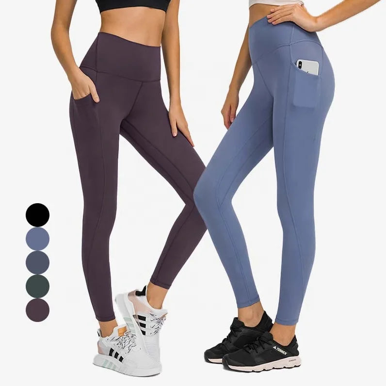 Women's High Waist Nylon Spandex Workout Leggings with Multi-Pockets Nude Feeling Align Pants for Gym Use
