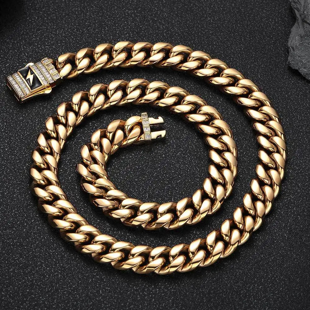 Hip Hop 12mm Zircon Stainless Steel Necklace for Men Gold Plated Cuban Chain Fashion Necklace Personalized Necklace Wholesale