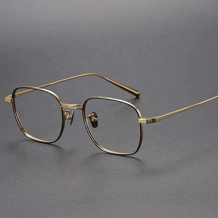 Men's Luxury Optical Eyeglasses Frames 100% Titanium Gold and Black Vintage Style Spectacles Solid Pattern Eye Glasses