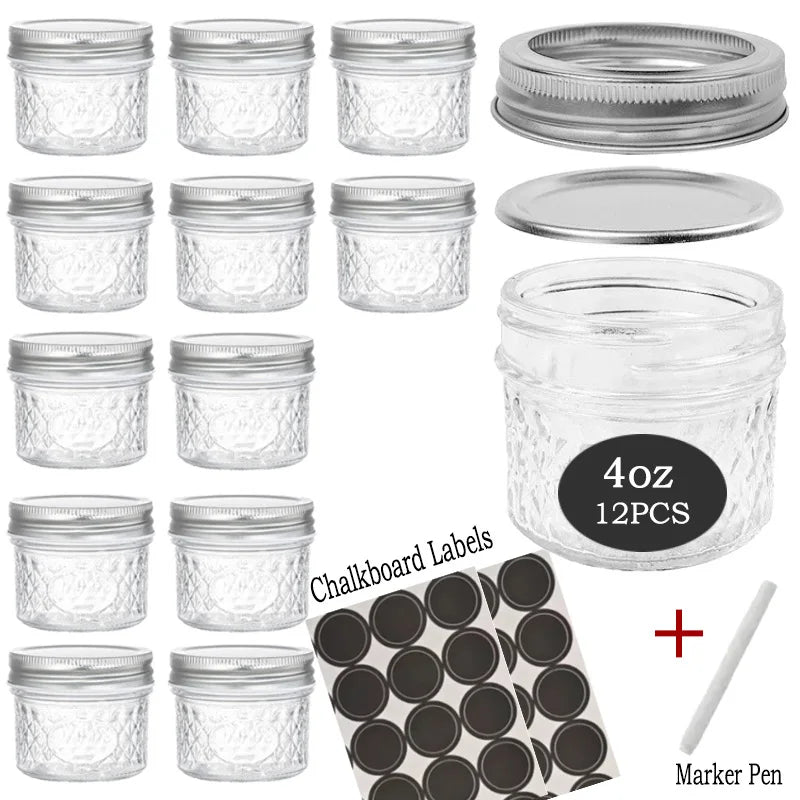 Mason Jars 4 oz 12 Pack Small Mason Jars With Silver Lids Storage Pickling Jars for Jelly Jam Honey Pickles Spice Glass Jars