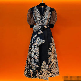 Fashionable Women's Printed Dress New V-neck Bubble Sleeves Luxury Printed Plus Size Banquet Dress