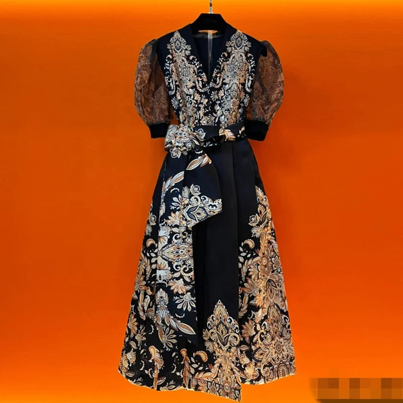 Fashionable Women's Printed Dress New V-neck Bubble Sleeves Luxury Printed Plus Size Banquet Dress