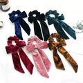 Wholesale Rayon Silk Velvet Headband Scrunchie Long Tassel Ponytail Holder with Bow Veludo Women's Fashion Accessory