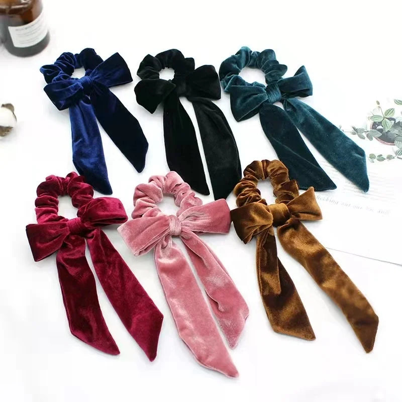 Wholesale Rayon Silk Velvet Headband Scrunchie Long Tassel Ponytail Holder with Bow Veludo Women's Fashion Accessory