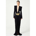 A9748 Premium Style Elegant Evening Gowns Dress Long Sleeve Cut-Out Deep V-Neck Beaded Black Women Maxi Dresses