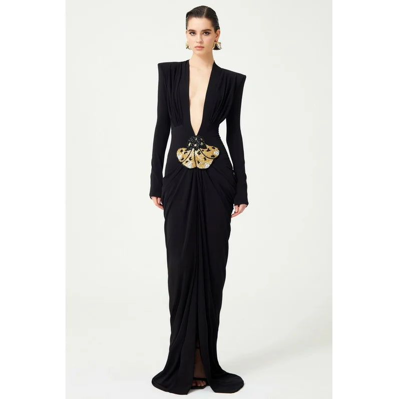 A9748 Premium Style Elegant Evening Gowns Dress Long Sleeve Cut-Out Deep V-Neck Beaded Black Women Maxi Dresses