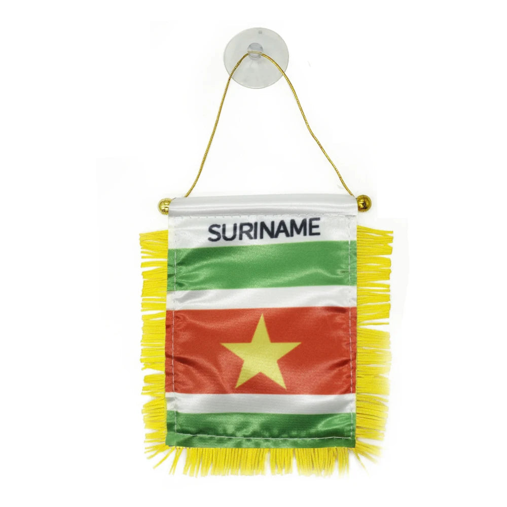 2026 Custom Logo Digital Printing Satin Material Hanging  Suriname Pennant Flag for Car Rearview Mirror and Home Decoration