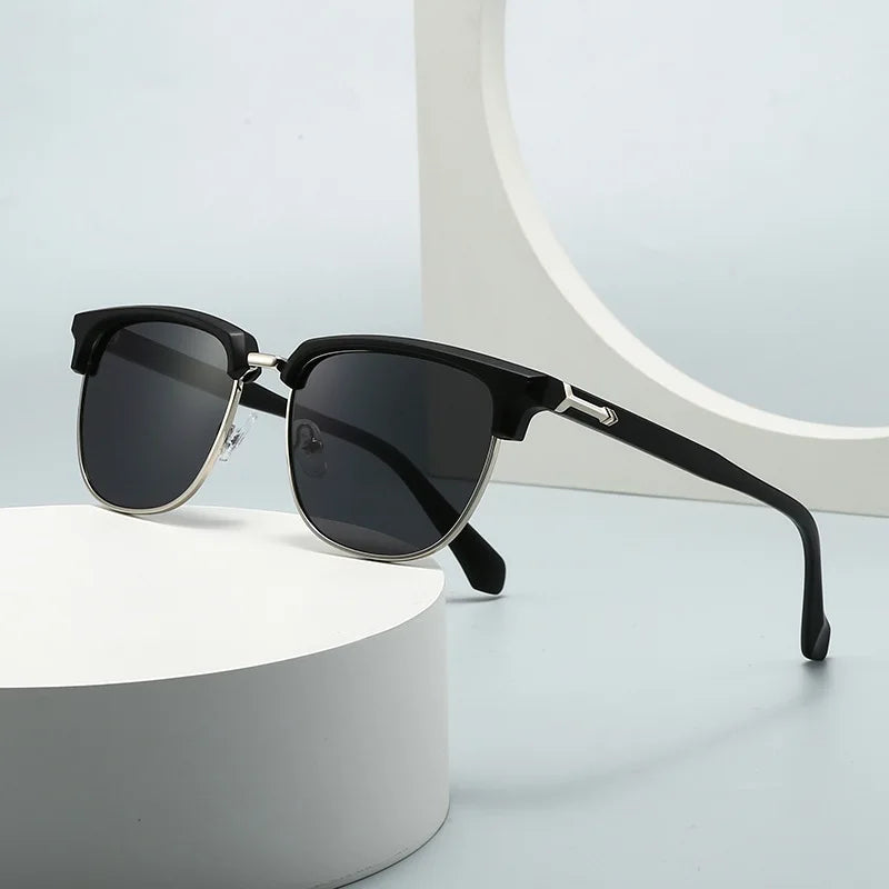 Custom Trendy square Uv400 Sunglasses Stylish Black Half Frame Luxury Men Fashion Sunglasses