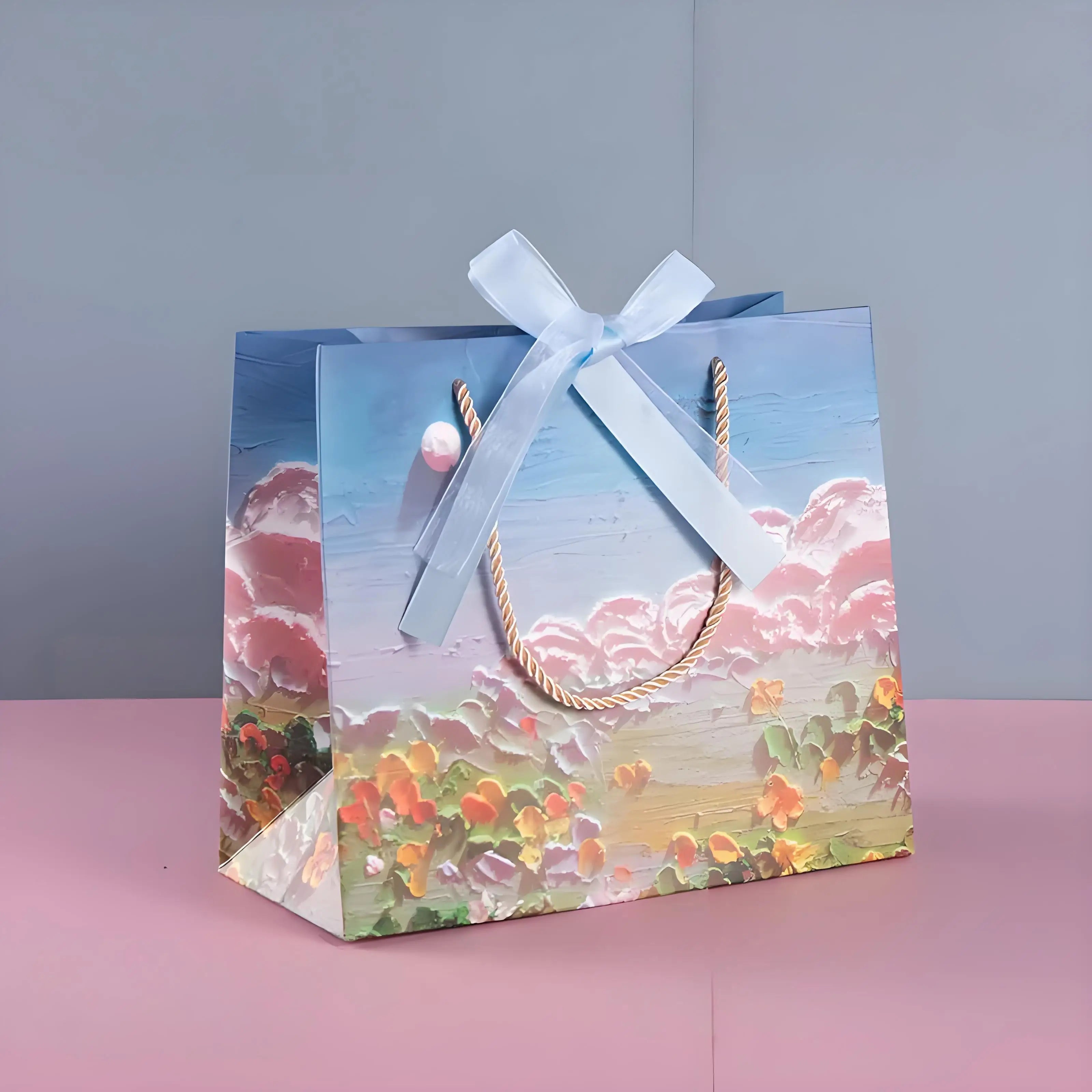Yunshan High-End Ins Healing Oil Painting Eco-friendly Recyclable Hot Stamping Elegant Birthday Bouquet Tote Paper Gift Shoes