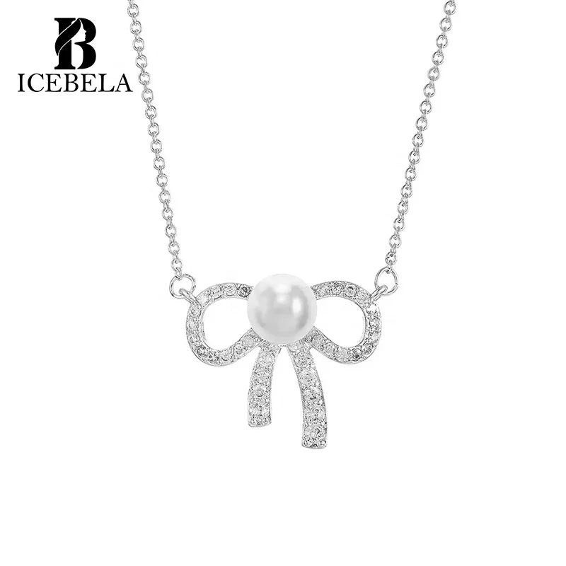 Fashion Fine 925 Sterling Silver Korean Light Luxury Christmas Jewelry Necklace Pearl Bow Zircon Pendant Necklaces for Women
