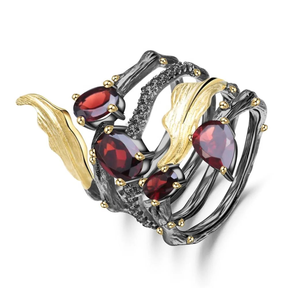 Vintage Gothic Wrapped Ring Natural Red Garnet Gemstone Jewelry 925 Sterling Silver Ring Women for Party