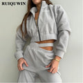 RUIQUWIN Factory Tracksuit Custom Women's Lapel Zip up Fashion Sexy Crop Hoodies Sweatpants and Hoodie Set Plain Hoodies
