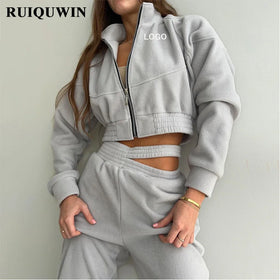 RUIQUWIN Factory Tracksuit Custom Women's Lapel Zip up Fashion Sexy Crop Hoodies Sweatpants and Hoodie Set Plain Hoodies
