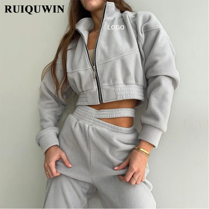 RUIQUWIN Factory Tracksuit Custom Women's Lapel Zip up Fashion Sexy Crop Hoodies Sweatpants and Hoodie Set Plain Hoodies