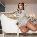 Sexy Rhinestone Tassel Sequins One Piece Short Jumpsuit for Women Club Party Outfit Dance Leotard Spandex Bodycon Bodysuit