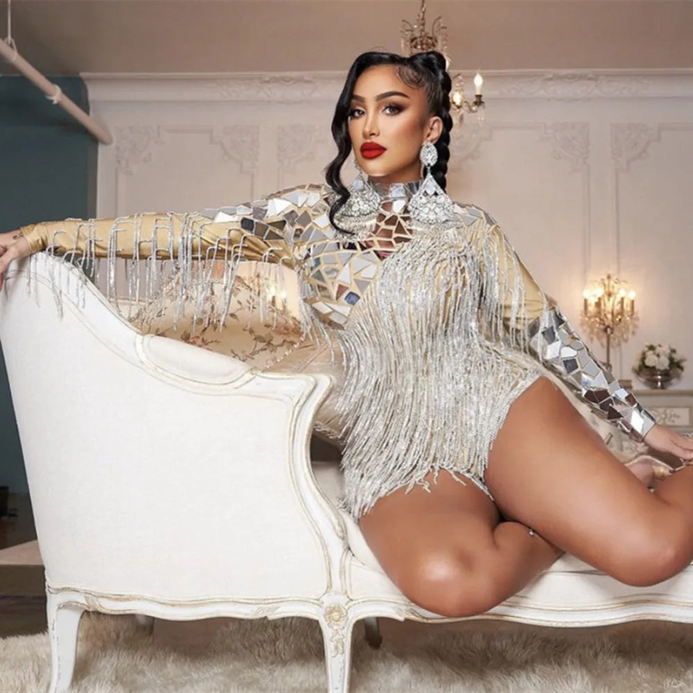 Sexy Rhinestone Tassel Sequins One Piece Short Jumpsuit for Women Club Party Outfit Dance Leotard Spandex Bodycon Bodysuit