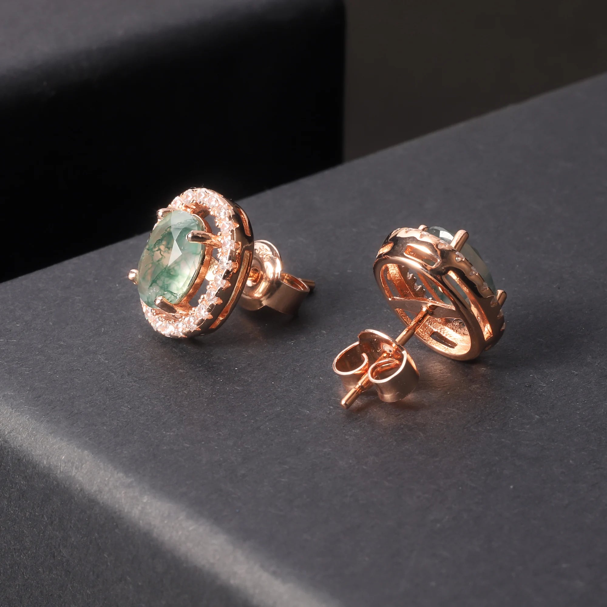 C127 Abiding Fine Jewelry Delicate Rose Gold Plated 925 Sterling Silver Stud Oval 6x8mm Natural Moss Agate Earrings