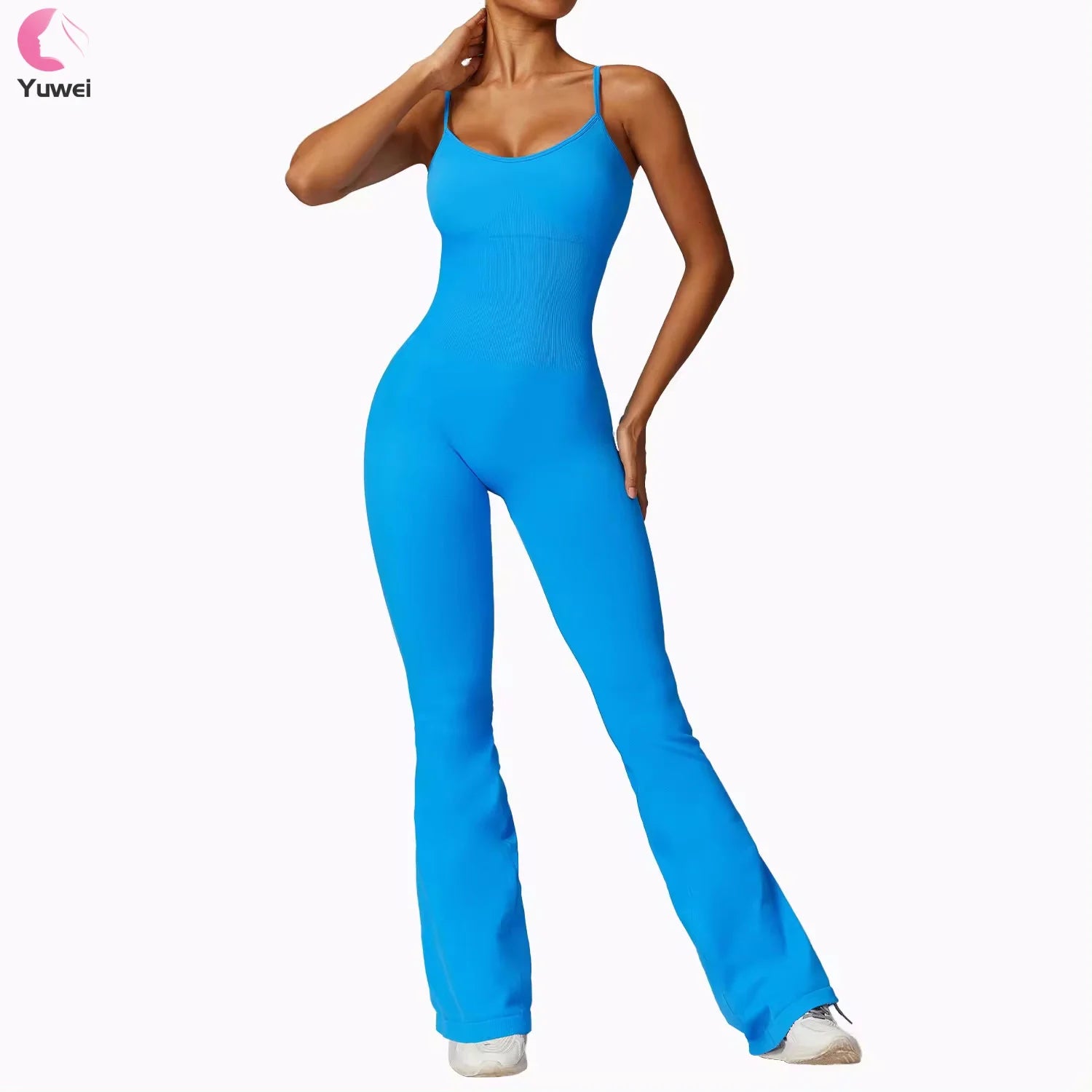 Women's Spaghetti Straps Scoop Neck Bodycon Casual Unitard Playsuit Full Length Flare Jumpsuit Sports Bodysuit