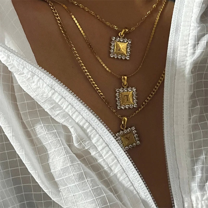 Luoyan Trendy 18k Gold Stainless Steel Letter Necklace Geometric Square Shape Initial 5a Cubic Zircon Women Pendant Necklace
