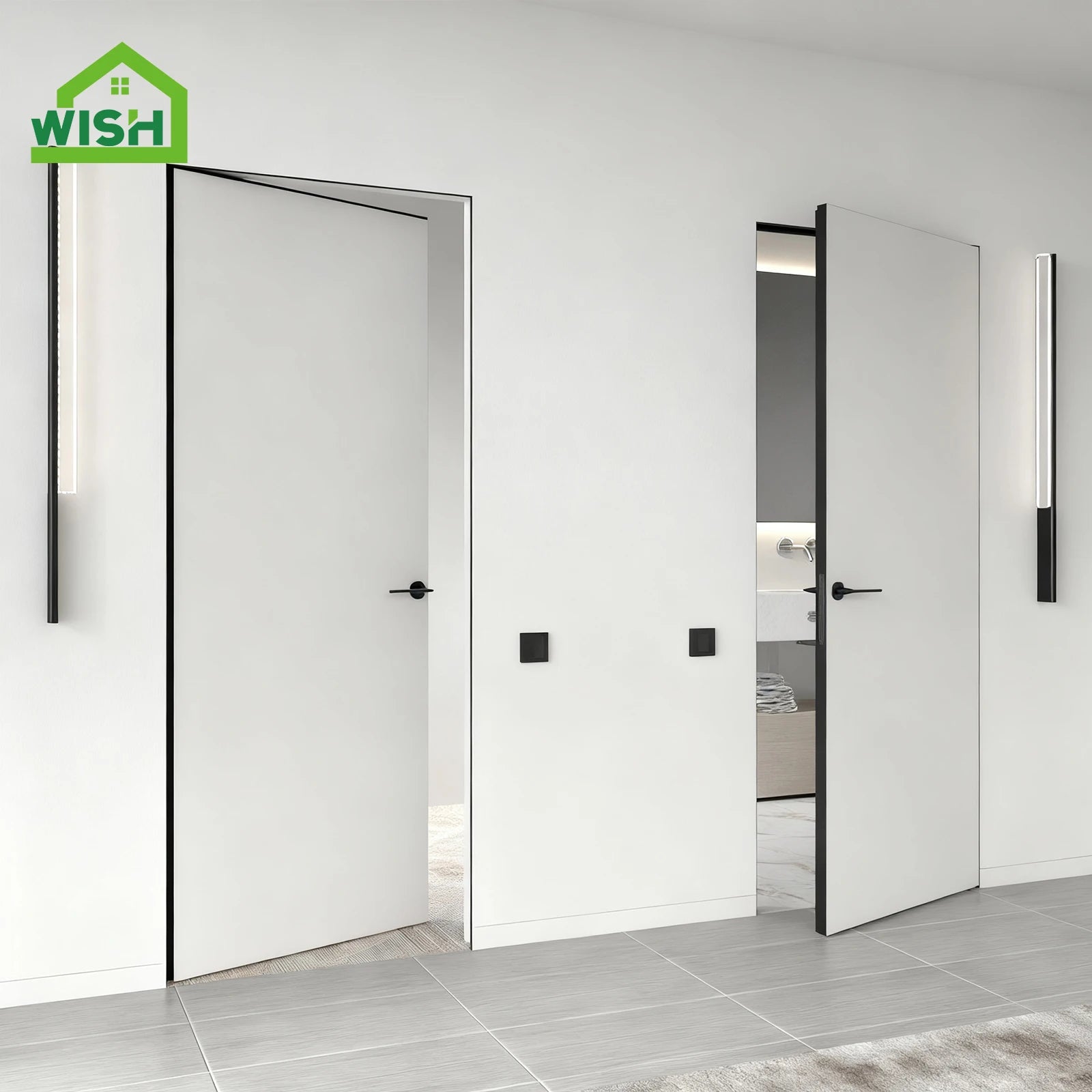 Modern Style Aluminium Alloy Frameless  Invisible Door with Wooden Panel Flush Mounted Same Color As Wall for Interior Doors