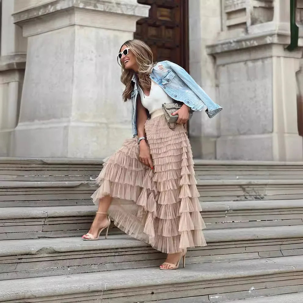 Vintage High Waisted Tiered Ruffle Tulle Skirt