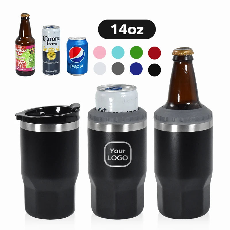 Custom 14oz 4 in 1 Can Cooler Stainless Steel Double Wall Vacuum Insulated Beer Cooler Can Holder Slim Can Coolers with 2 Lids