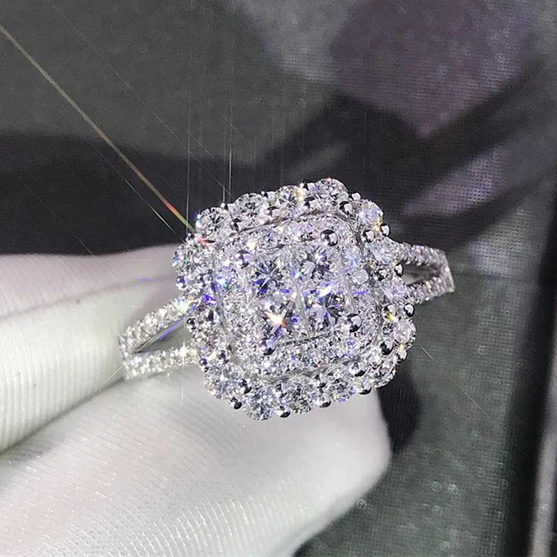 Huitan Engagement Rings Double Layer Cross Square Zircon Anillos Women Girls Silver/Gold Plated Luxury Wedding Rings for Women