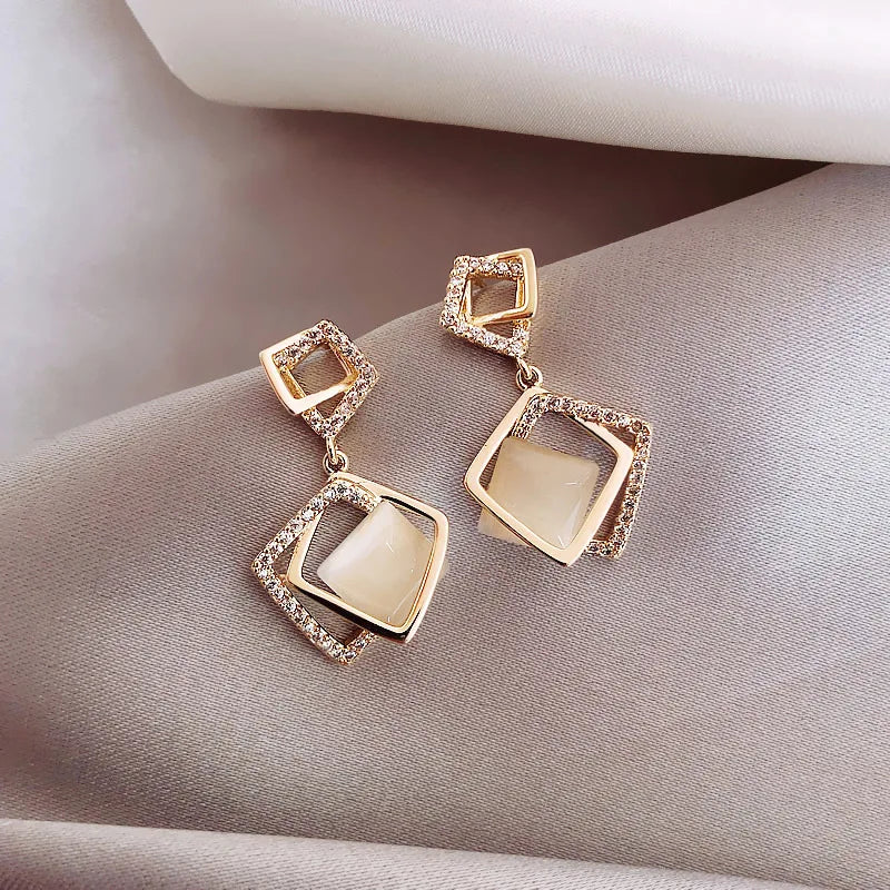 925 Silver Needle Opal Earrings Korean Temperament Geometric square Diamond Earrings Ins Simple Earring for Woman