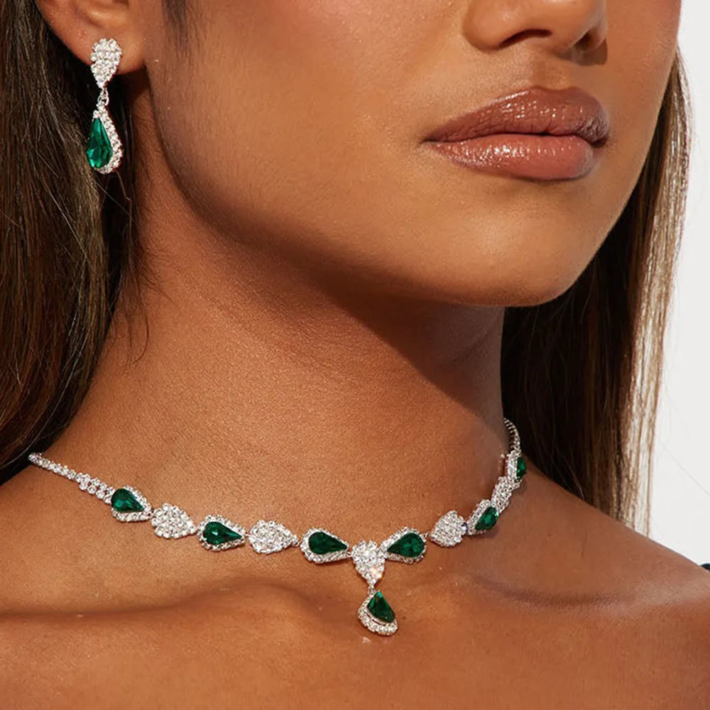 Party Full Rhinestone Sets Necklace Earrings Wedding Bridal Luxury 3pcs Green Water Drop Zircon Jewelry Set for Women Gifts