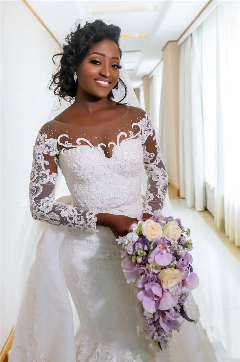 Luxury African Long Sleeves Mermaid Wedding Dress With Detachable Train Tulle  Lace Applique Beads Plus Size Bridal