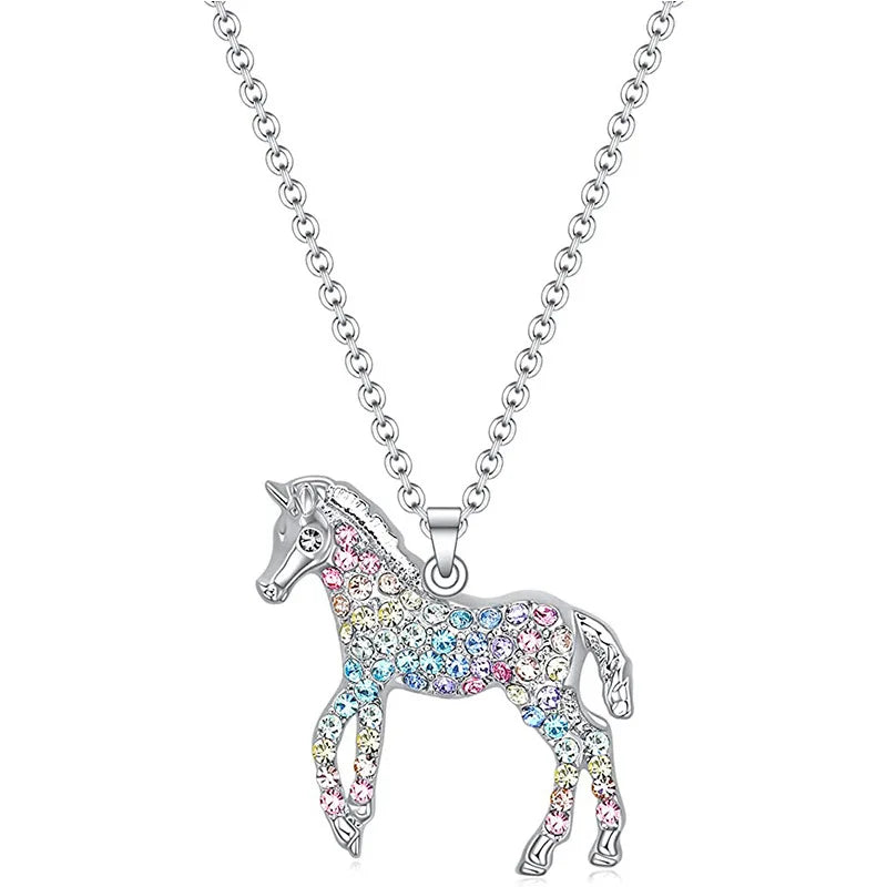 New Small rainbow Horse Pendant Necklace Fashion Personality Colorful Diamond-encrusted Necklace Accessories