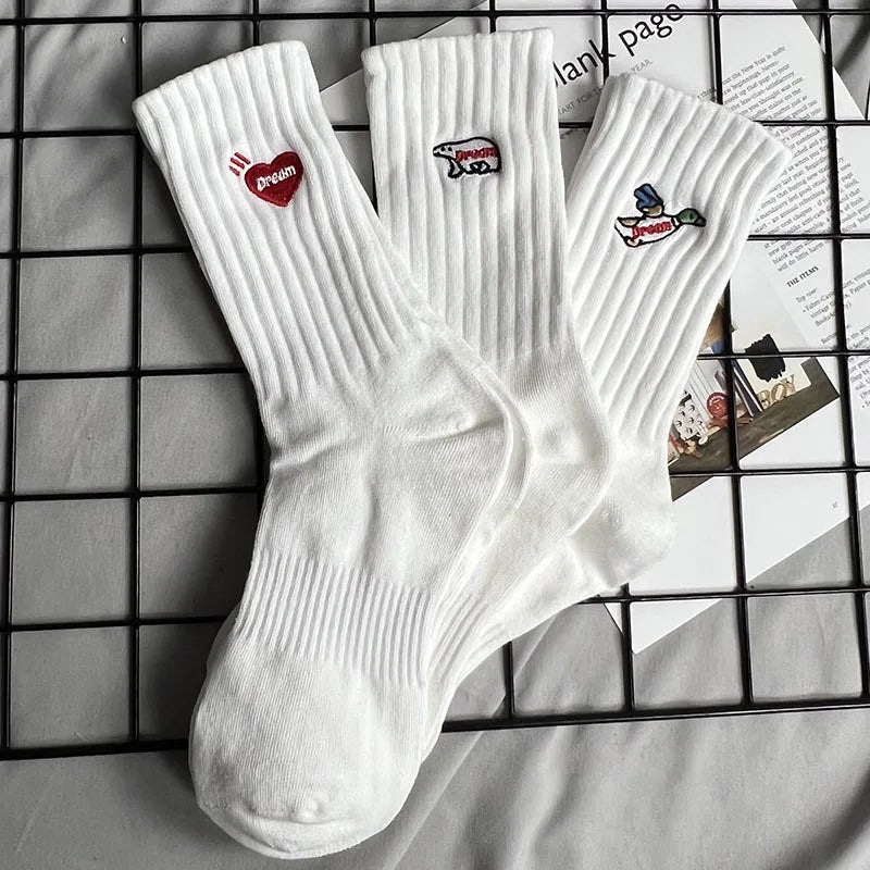 Promotional Black White Animal Embroidery Socks Cotton Casual Crew Socks Anti Odor Women Men Unisex