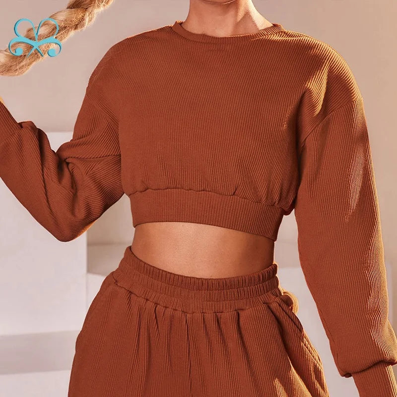 Running Crop Tops Pullover Cotton Women Tight Bottom Crop Long Sleeve Rib Sweatshirt