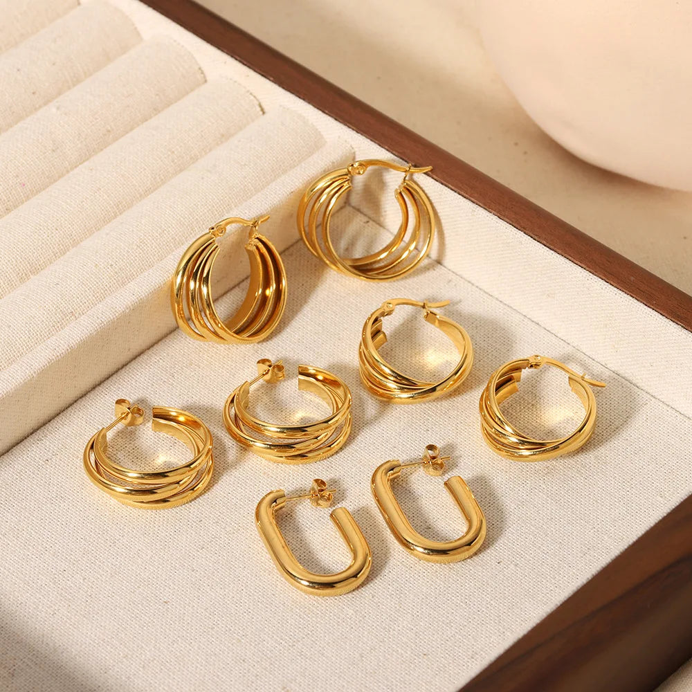 Niche Vintage Multi-layer 18k Gold Plated Earrings Stud Women's Stainless Steel Three-layer Twisted Hoop Earrings
