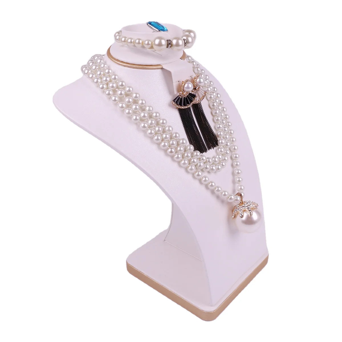 Luxury White PU Leather & Wood Portable Fashion Washable Jewelry Ring Earrings Necklace Display Stand Packaging Bust Mannequin