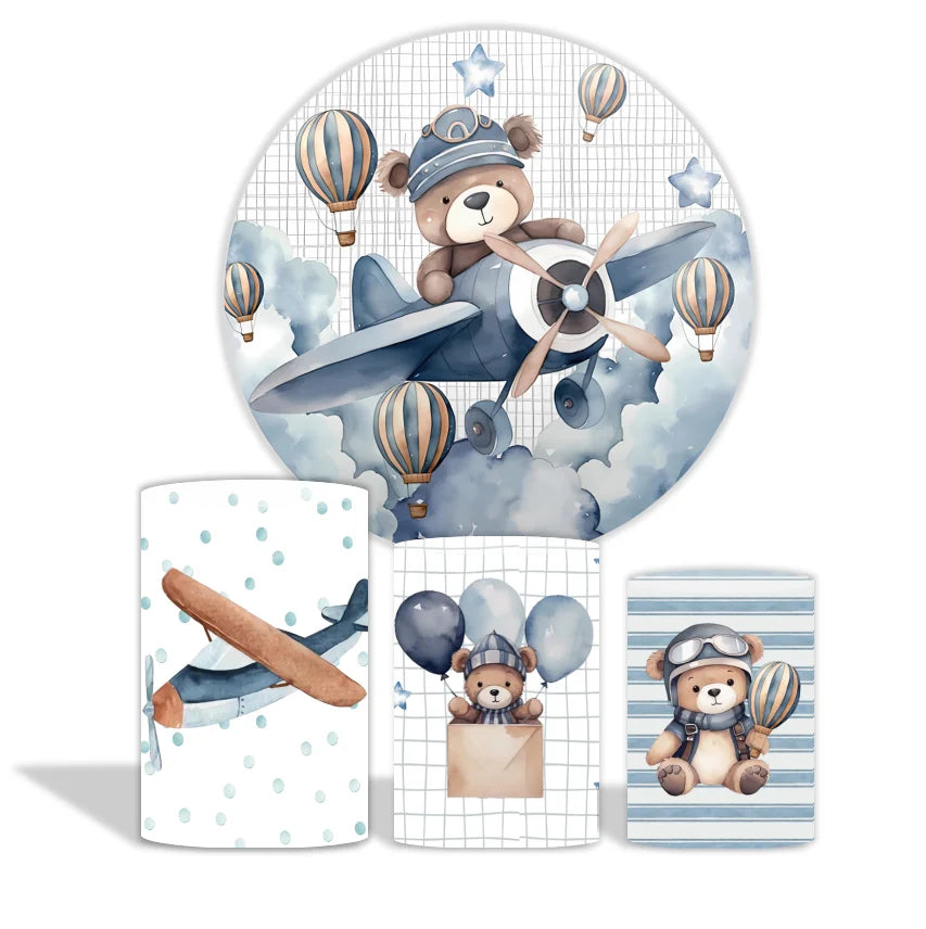 Custom Teddy Bear Airplane Circle Backdrop Cover with Cylinder Covers for Baby Shower Cartoon Character Round Backdrop Banner