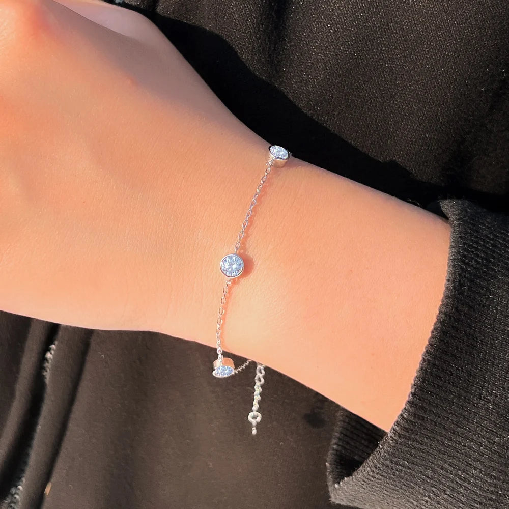 Wholesale Price Bezel Setting CZ Zircon Bangle 9.25 Sterling Silver Fine Jewelry Plus Size Chain Charm Bracelet for Ladies