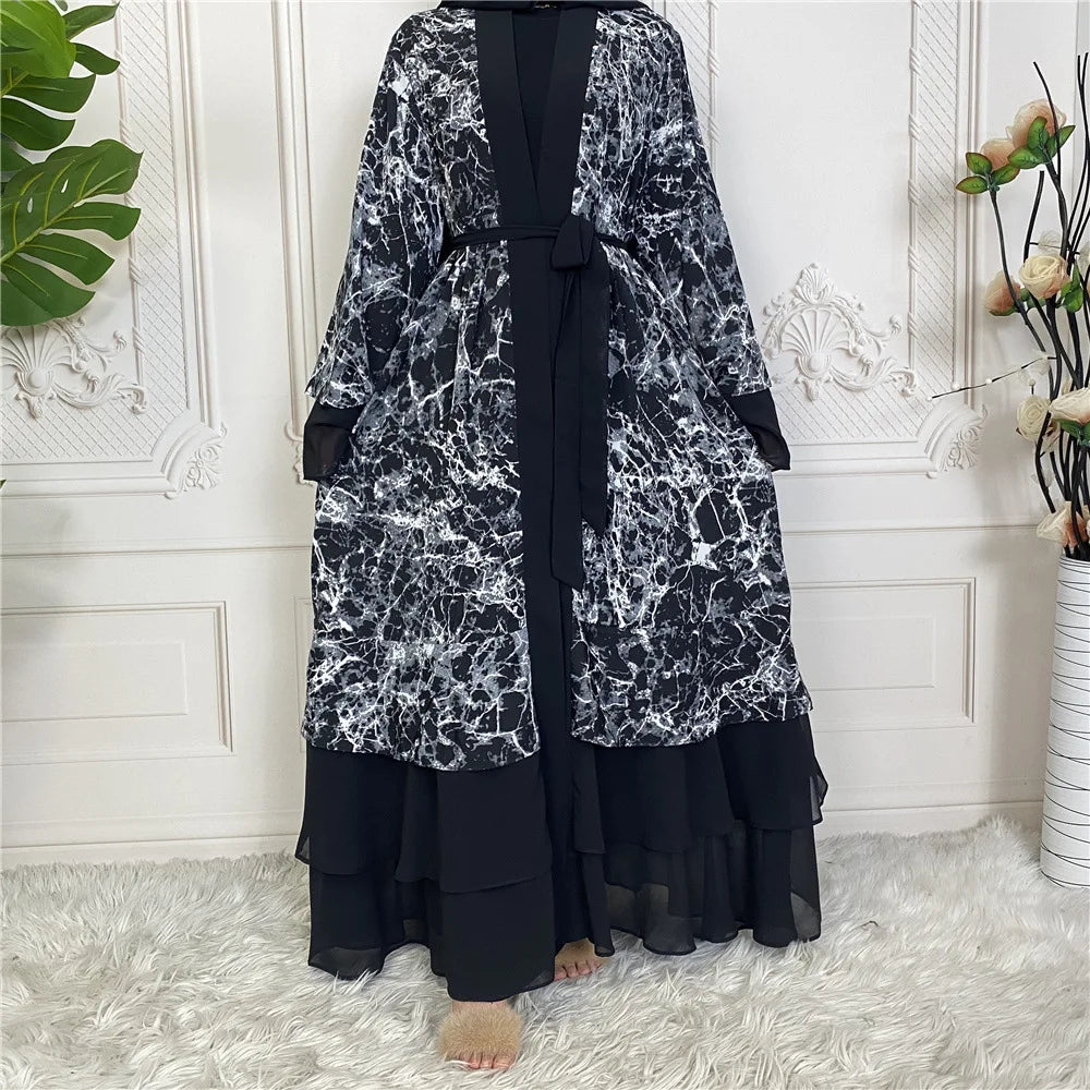 Fashionable Muslim Cardigan Cover Ups Print  Floral Stitching Kaftan