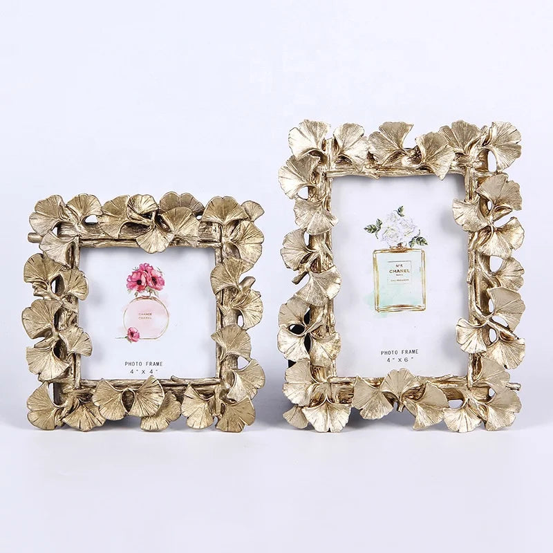 Trending European Home Decors 4Inch 6 Inch Golden Ginkgo Leaf Resin Photo Frame Customizable Size Logo Silk Screen Printing