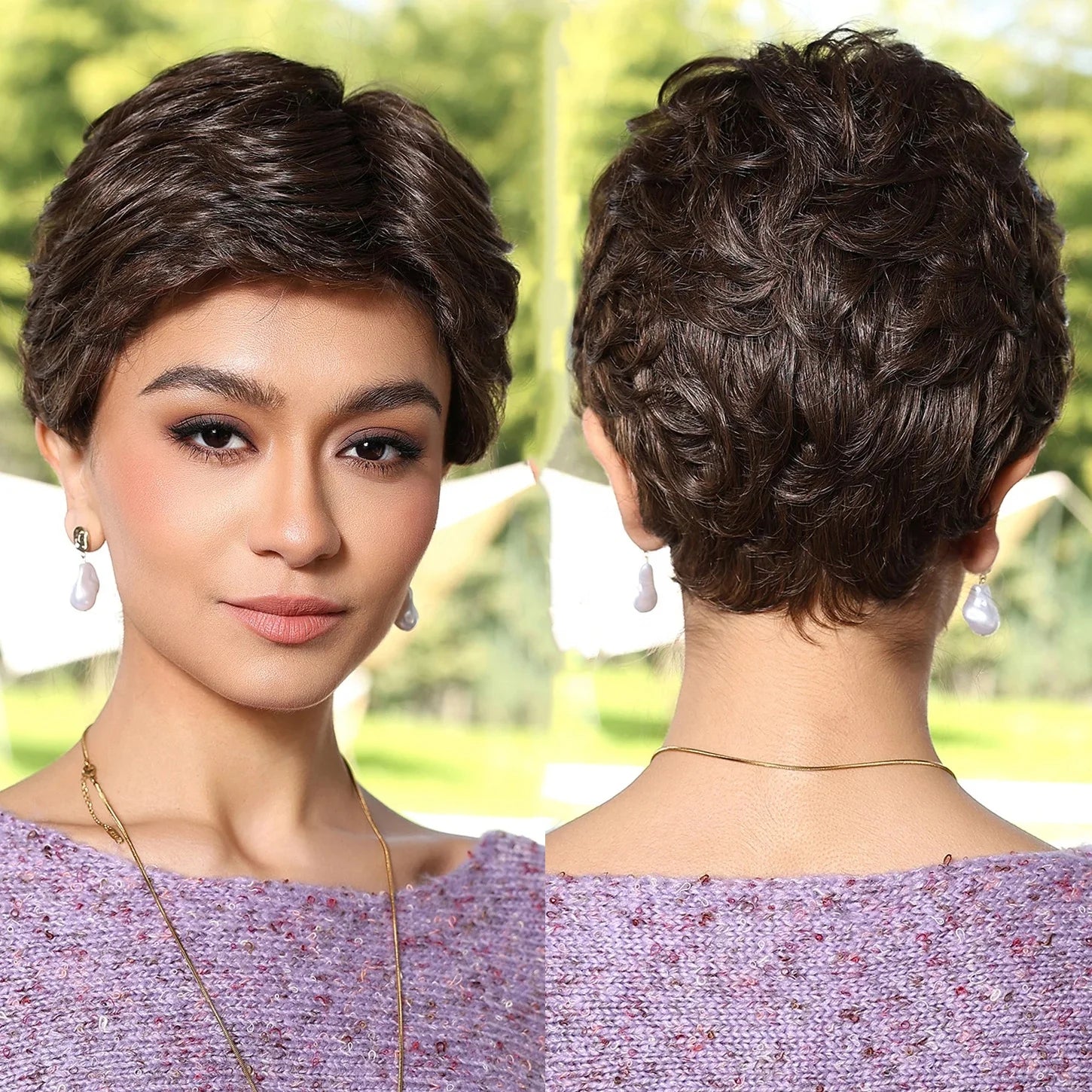 Pixie Cut Brown Monofilament Lace Synthetic Wig Short Curly Hand Tied Knotless Lace Front Hair Wigs for Women USe Heat Resistant