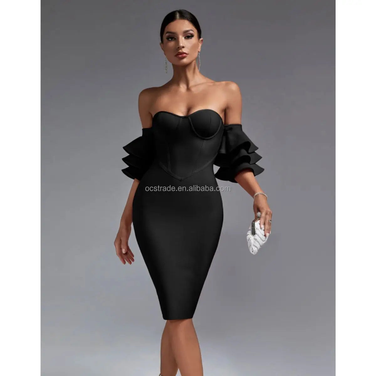 Ocstrade Vestidos Fashion Off the Shoulder Strapless Ruffles Sleeves Bodycon Bandage Dress Elegant Black Evening Dress for Women