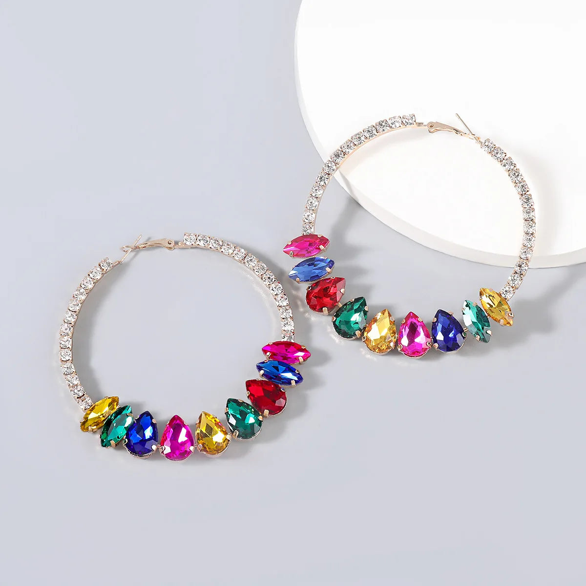 Fashion New Rhinestone Glass Multi Color Round Geometric Hoop Earrings Women's Super Flash Party Earrings