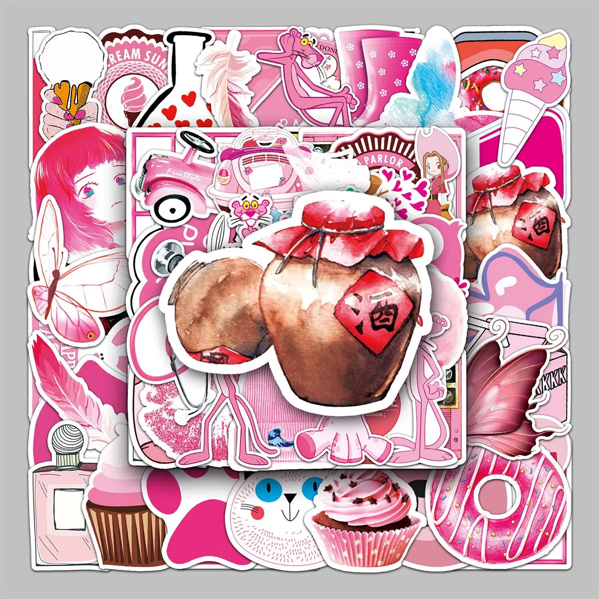 54PCS Cartoon Creative Small Fresh Art Decorative Pink Series Sticker Desktop Glass Refrigerator Guitar Sticker