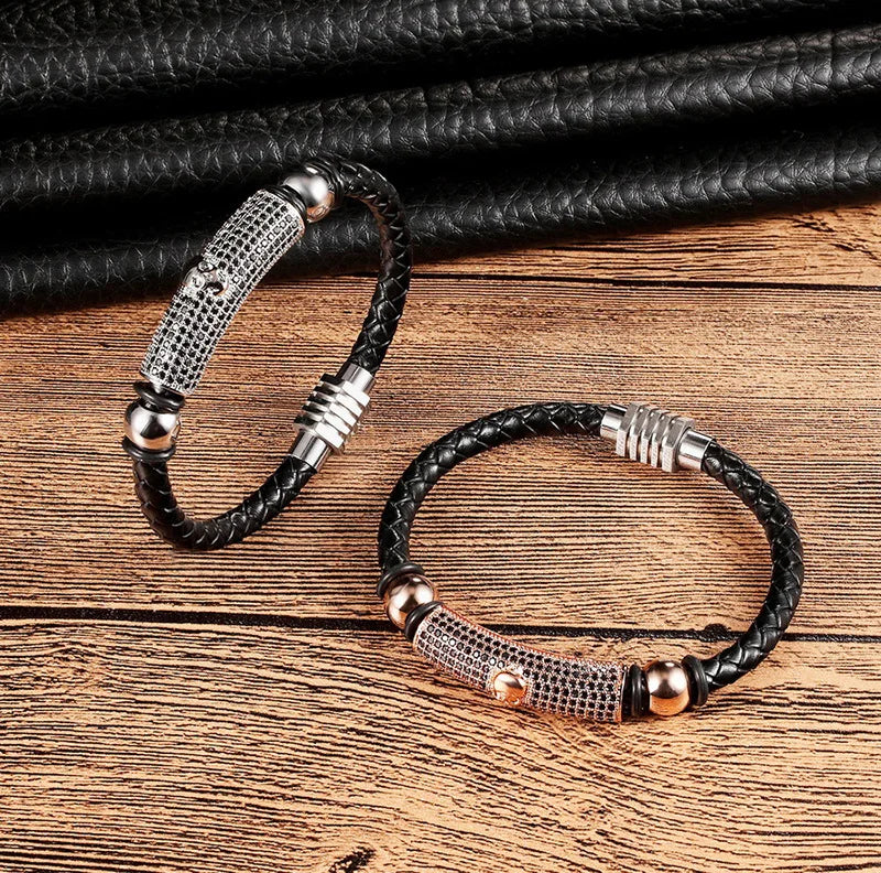 Factory Directly Sell Man Jewelry Crystal Charm Stainless Steel Anchor Bracelets Magnetic Clasp Genuine Leather Bracelet for Men