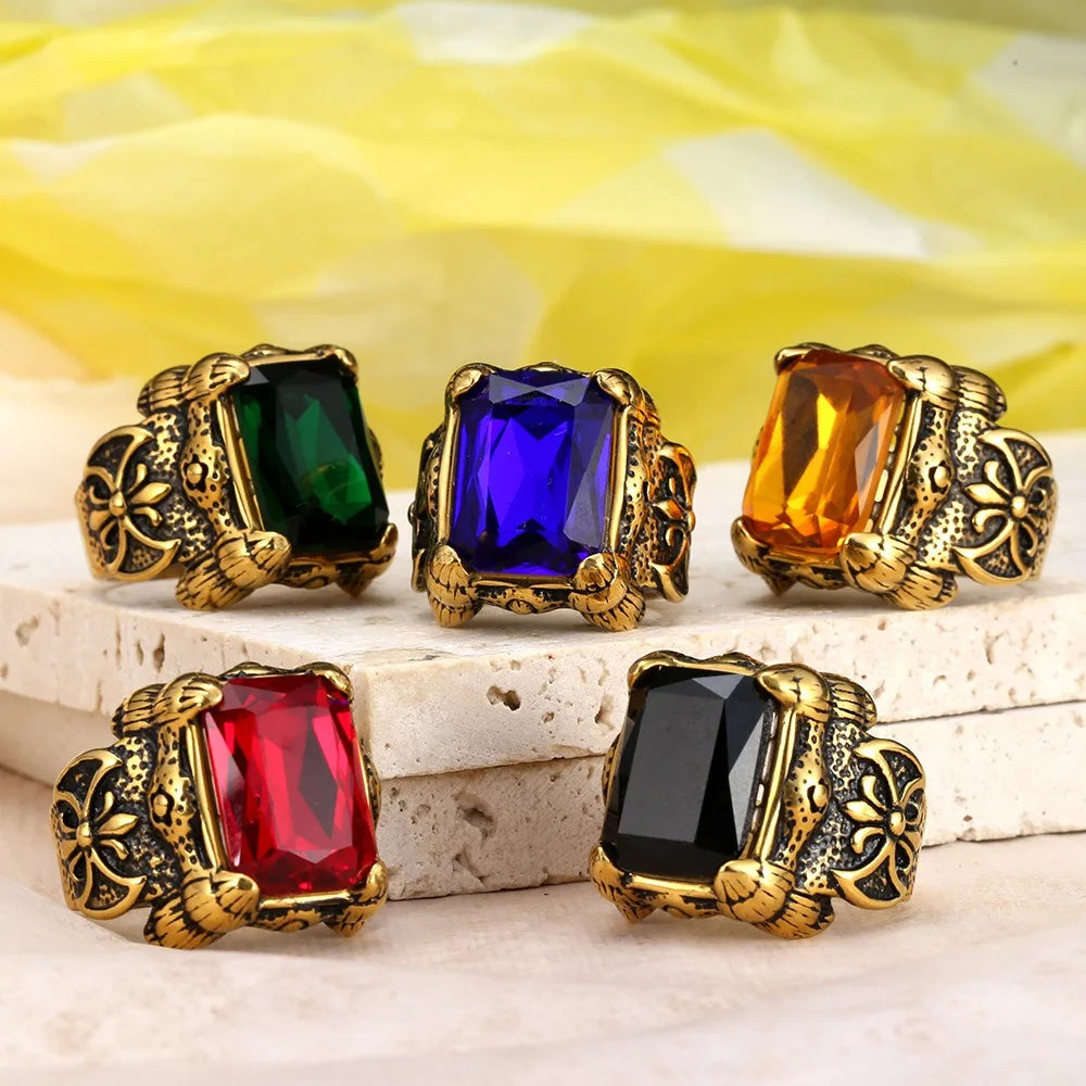 Hip Hop Punk Cool Nordic Warrior Honor Domineering Titanium Stainless Steel Gemstone Inlaid Zircon Ring for Men