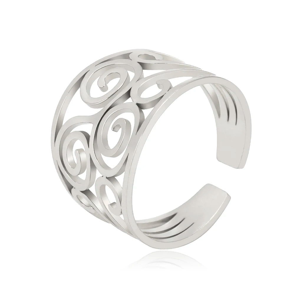 Hollow Flower Filament Vintage Rings Opening Rings for Women Stainless Steel Ethnic Engagement Jewelry Gift