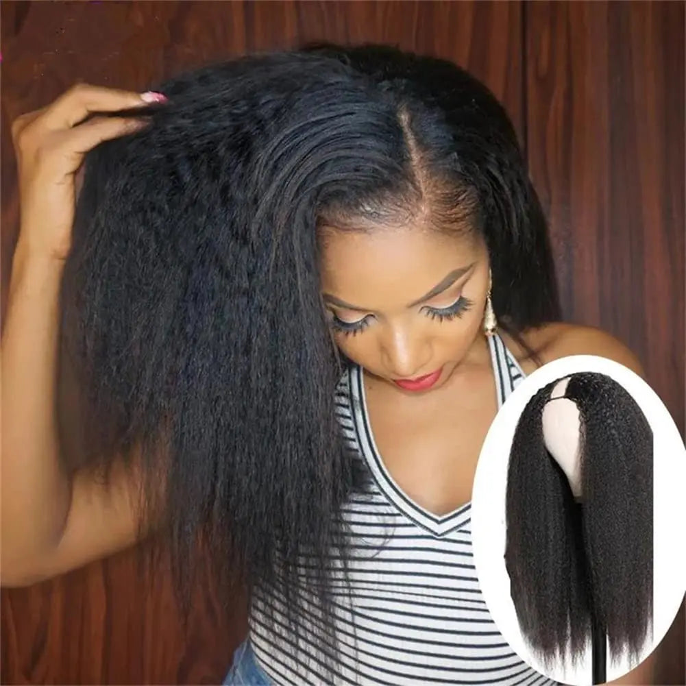 Yaki V Part Kinky Straight Wig Brazilian Virgin Hair Glueless Full Head Clip in Half Wig V Shape Human Hair Wigs for Black Women