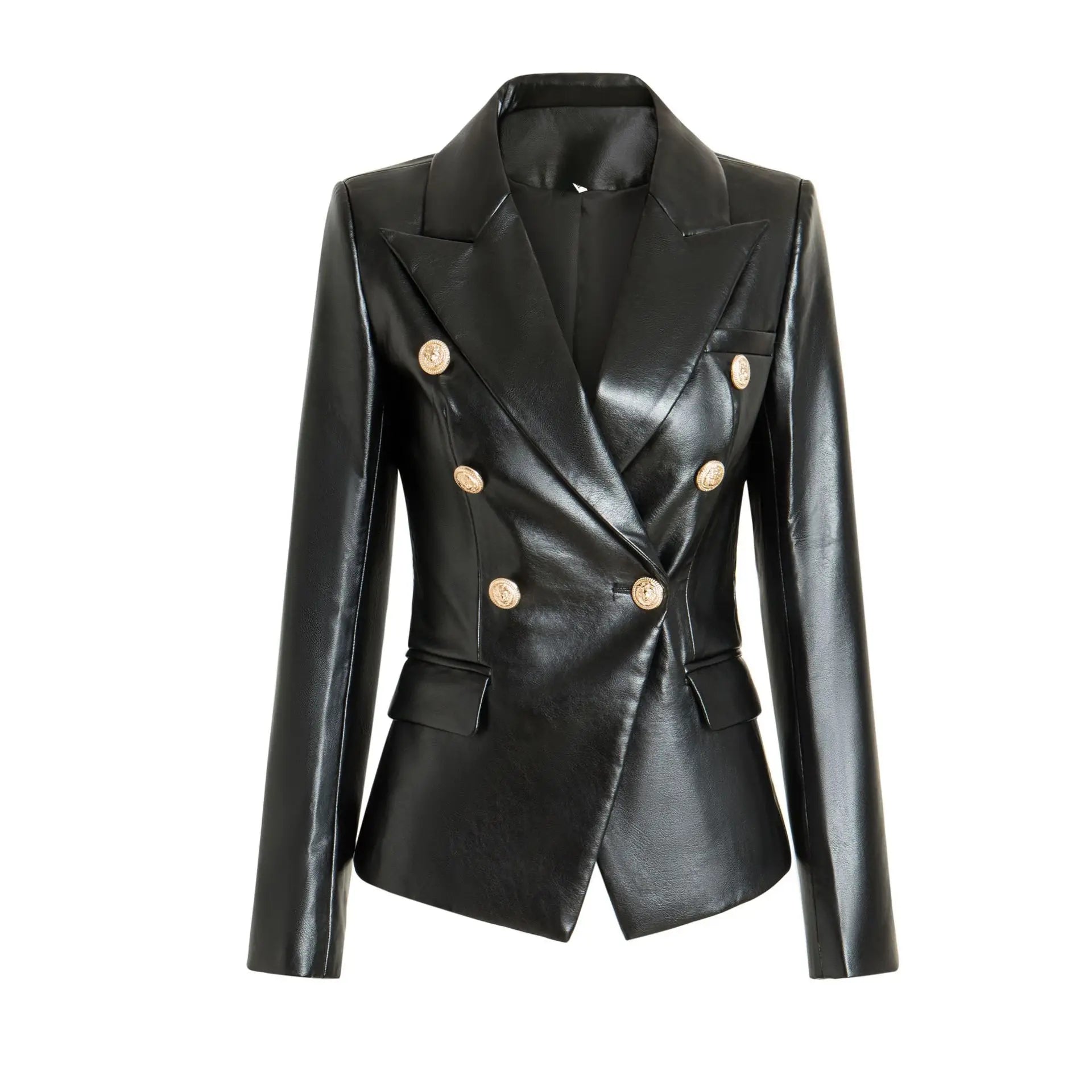 2024 New Arrivals Golden Buttons PU Leather Jacket Women Fashion Leather Jacket Plus Size Womens Jacket blazer
